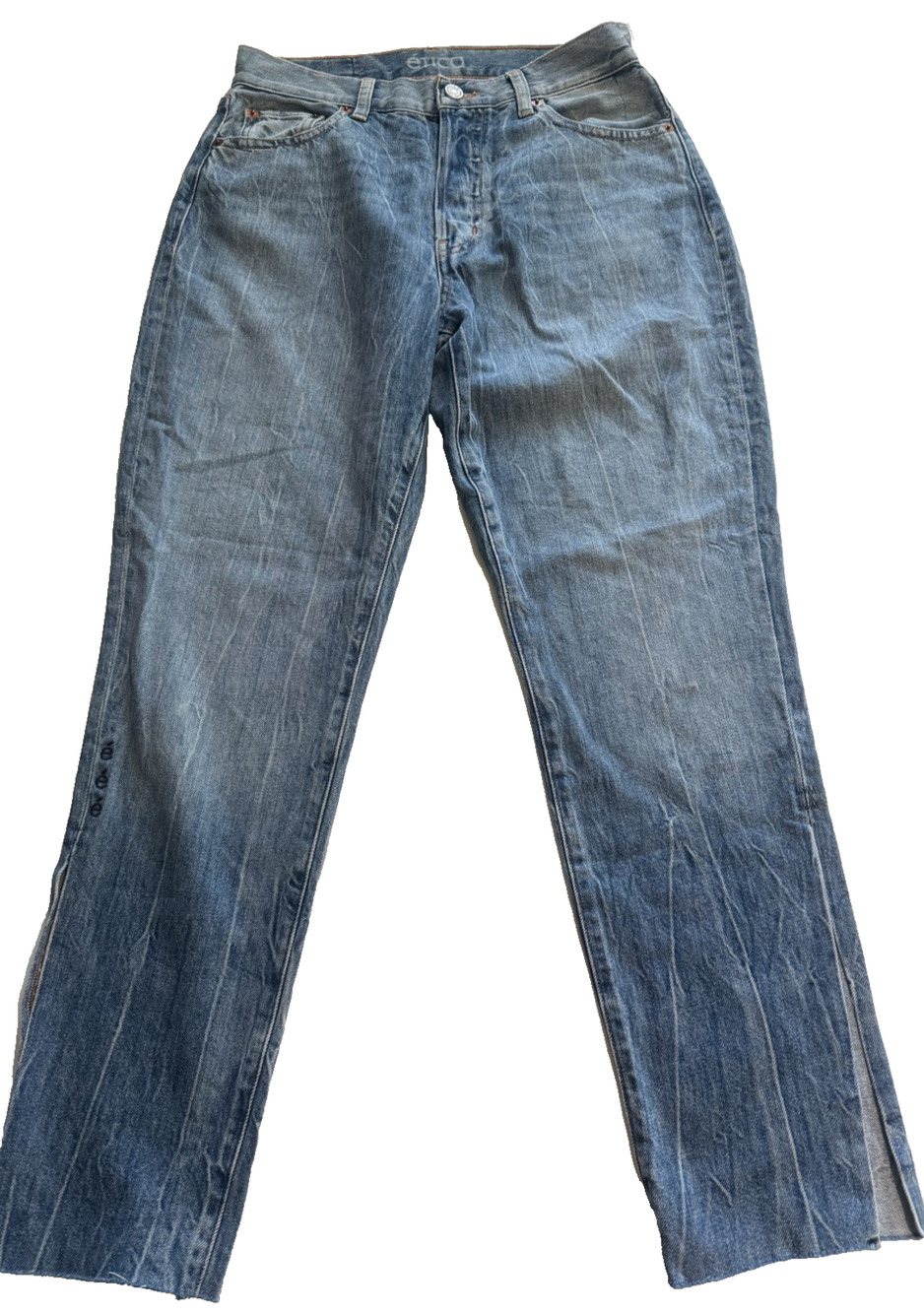 Etica Alex Boy Skinny Ankle Jeans Blue Raw Hem Side Slit Women's Size 26 Cotton